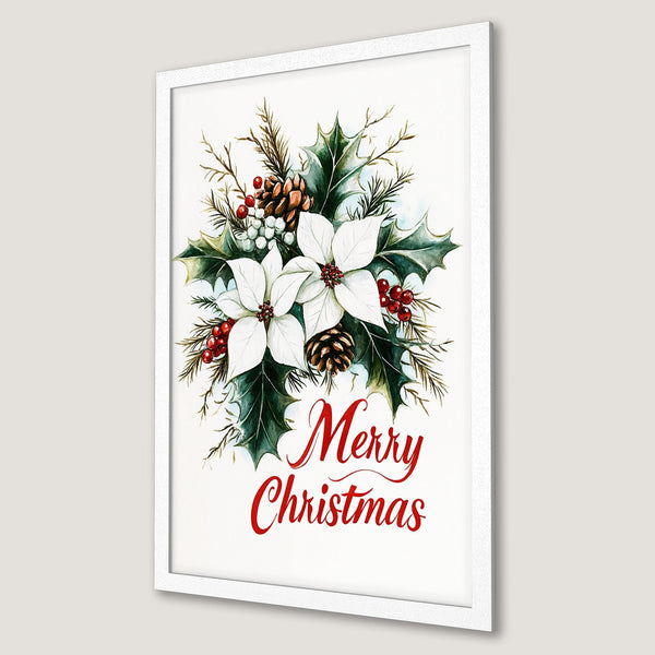 Framed Poster featuring watercolor Christmas floral design with red berries, green leaves, and white flowers. Festive decor.