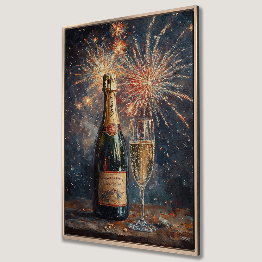 Framed Wall Art featuring a champagne bottle and glass with fireworks. Rich, dark blue and gold color palette. Perfect for adding a touch of celebration to your home.