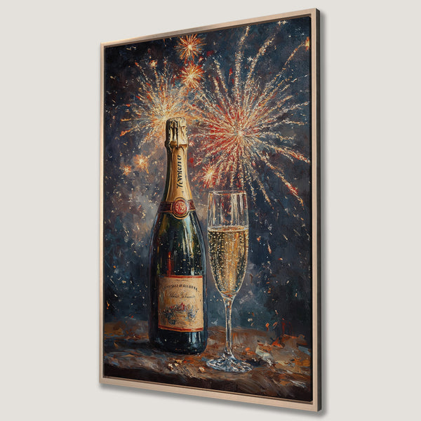 Framed Wall Art featuring a champagne bottle and glass with fireworks. Rich, dark blue and gold color palette. Perfect for adding a touch of celebration to your home.