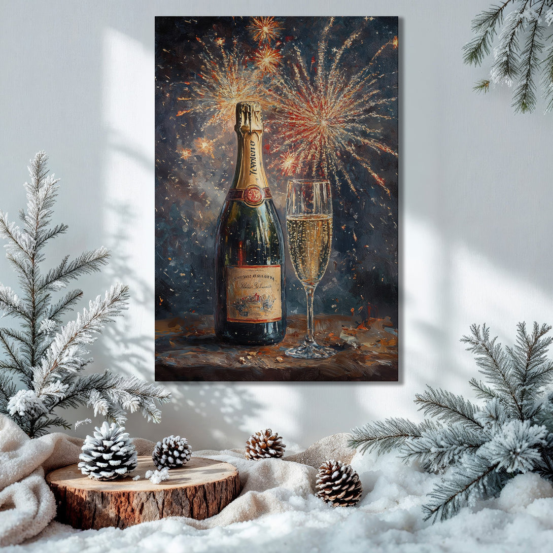 Framed Wall Art: Champagne bottle & fireworks painting, rich dark blue & gold palette. Perfect holiday decor! Shop now for stunning wall art.