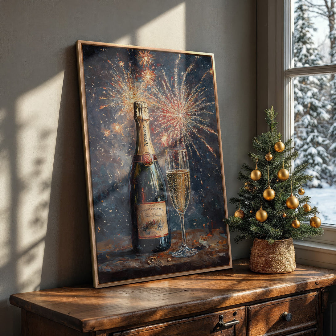 Framed Wall Art: Champagne bottle and fireworks painting. Dramatic, dark color palette with gold accents. Perfect for festive home decor.