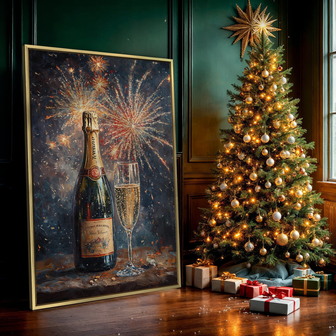 Canvas Print of champagne bottle & glass with fireworks, impressionistic style, dark blue & gold palette, perfect for holiday decor.
