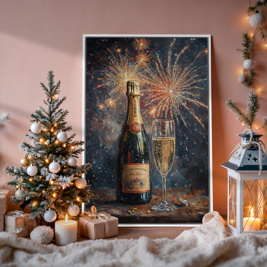 Framed Wall Art: Champagne bottle & fireworks painting. Festive decor with a dark, warm color palette. Perfect for holiday home accents.