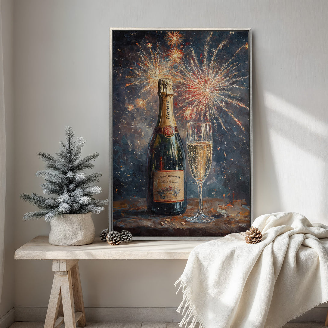 Framed Wall Art: Champagne bottle and fireworks painting in a dark, moody style. Perfect for adding a touch of celebration to your home decor.