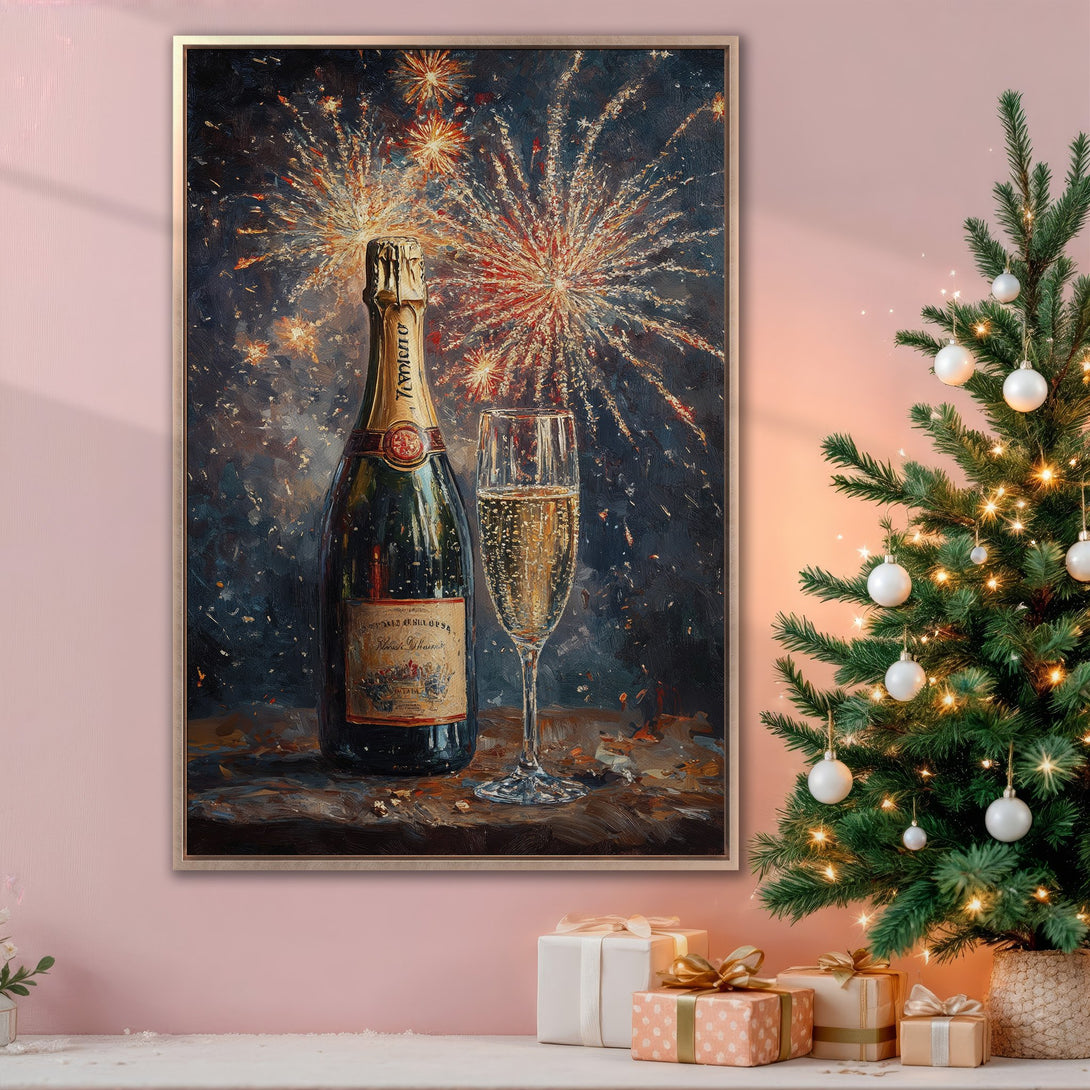 Framed Wall Art: Festive champagne bottle painting with fireworks, rich dark blue and gold palette, perfect for holiday decor. Add elegance to your home!