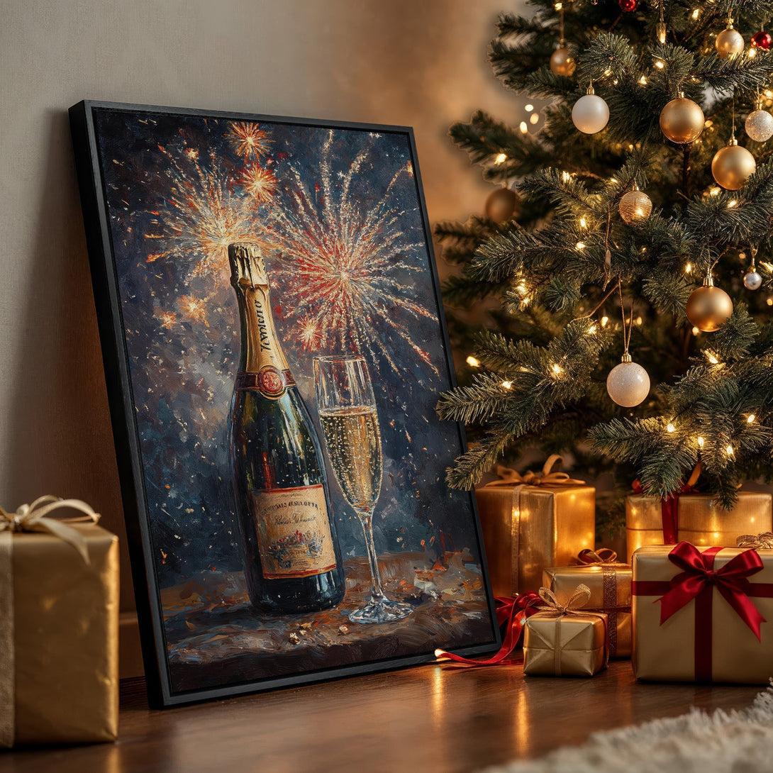 Framed Wall Art: Festive painting of champagne bottle & fireworks, rich blues, golds & reds. Perfect holiday decor. Add a touch of celebration to your home!