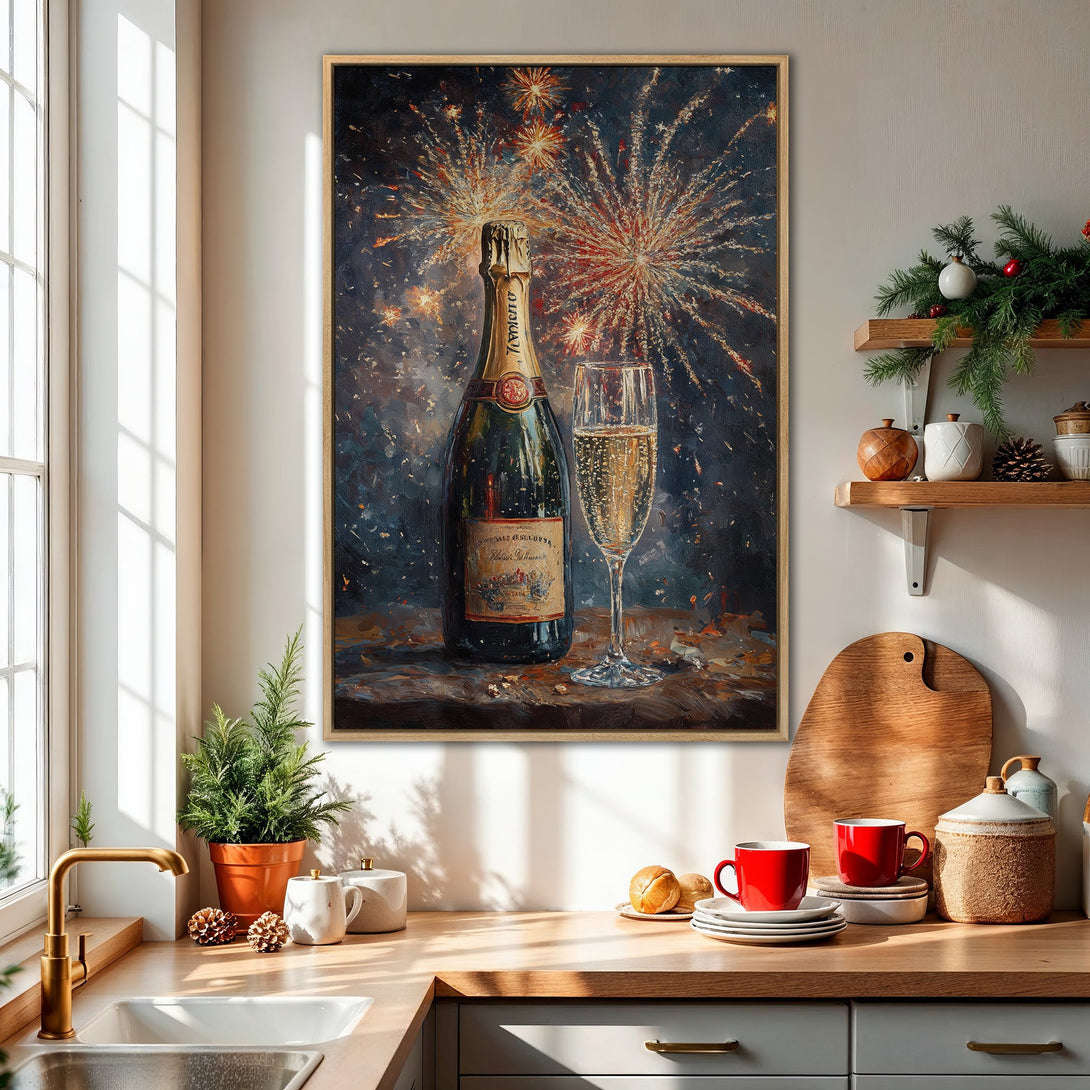 Framed Wall Art featuring a champagne bottle and fireworks. Dramatic, impressionistic style with a dark, festive color palette. Perfect for holiday decor!