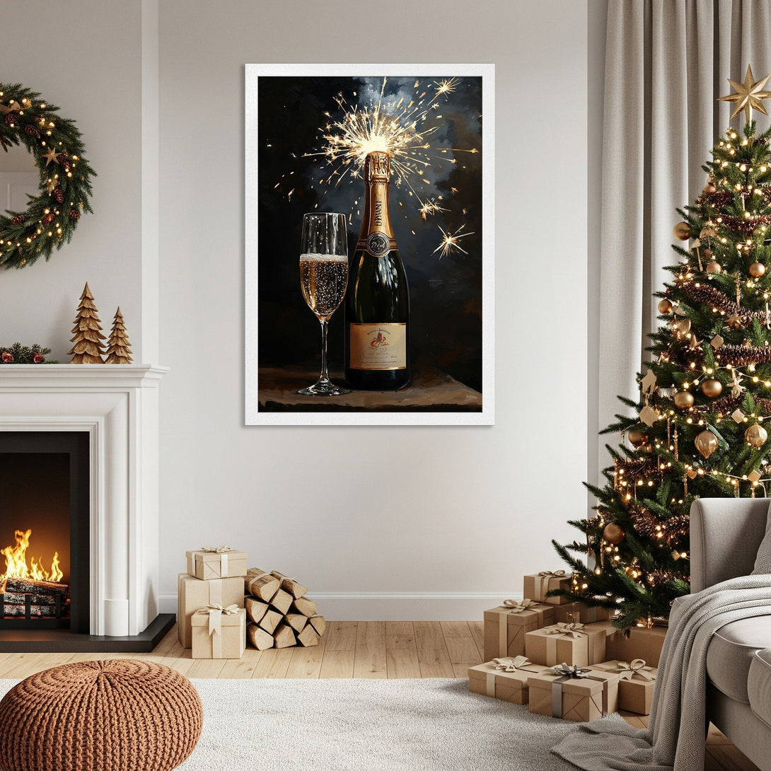 Framed Poster: Champagne bottle & glass, festive holiday art, warm color palette, perfect for home decor.
