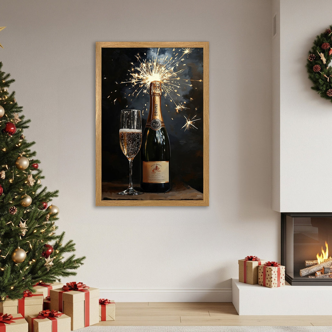 Framed Poster of champagne bottle with sparklers, dark background, warm tones. Perfect holiday decor!