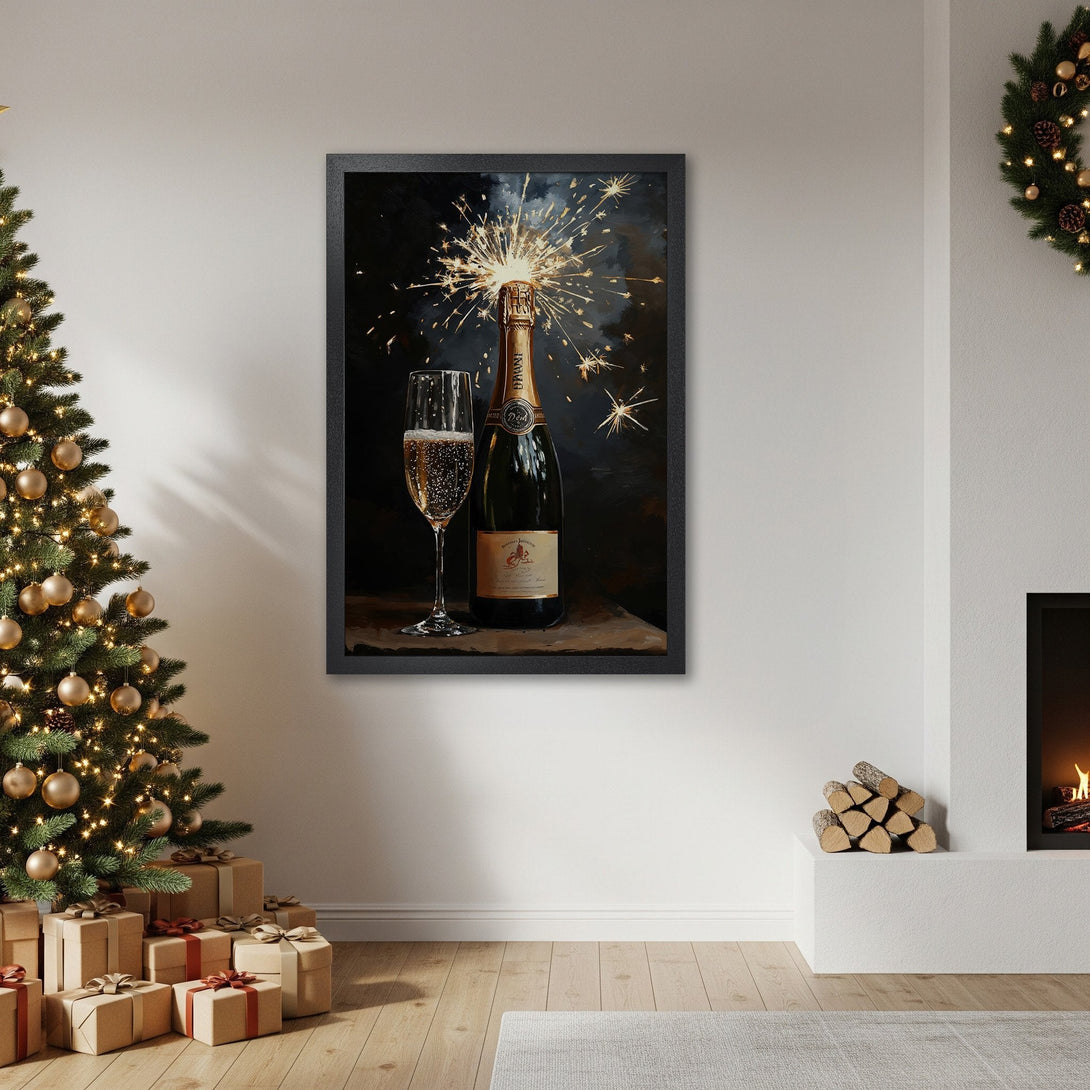 Framed Poster featuring a champagne bottle with sparklers, dark background, and gold accents. Perfect festive wall art.
