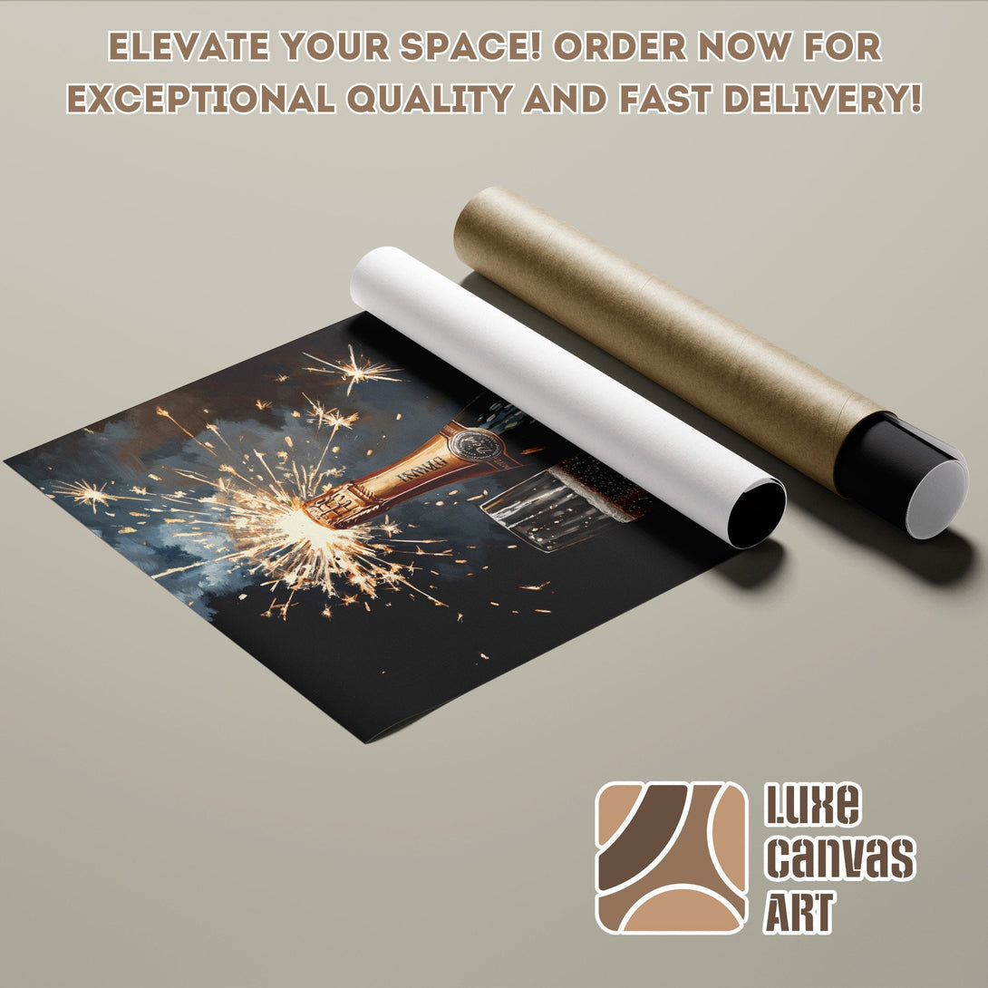 Poster Roll featuring a champagne bottle explosion art print, dark and gold color palette.