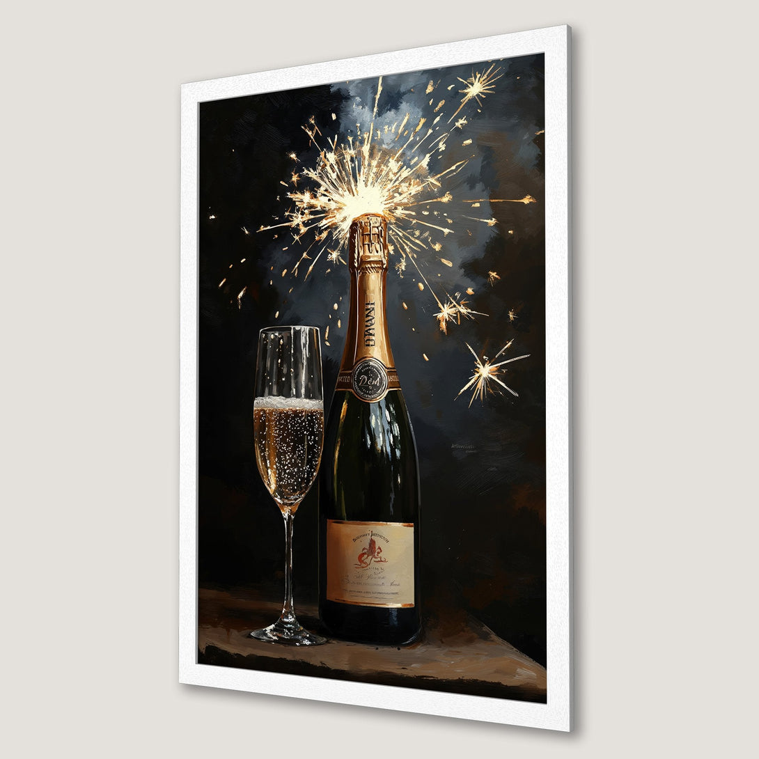 Framed Poster featuring a champagne bottle and glass with sparklers, in a dark, painterly style with gold and black tones. Celebrate in style!