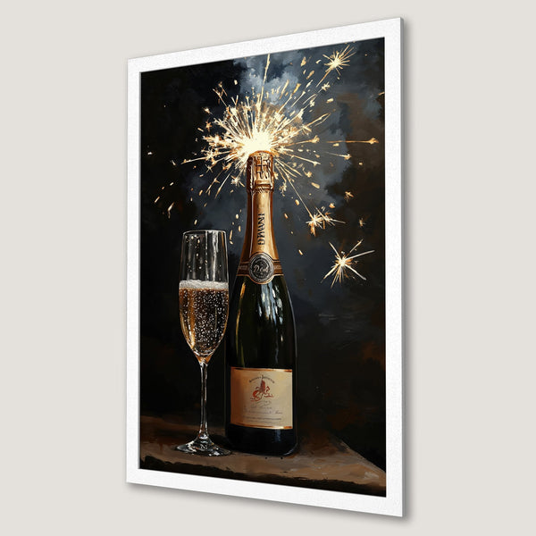 Framed Poster featuring a champagne bottle and glass with sparklers, in a dark, painterly style with gold and black tones. Celebrate in style!