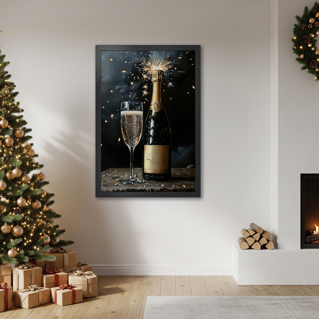 Framed Poster featuring champagne bottle & glass, dark, dramatic style, gold & black color palette, perfect for holiday decor.