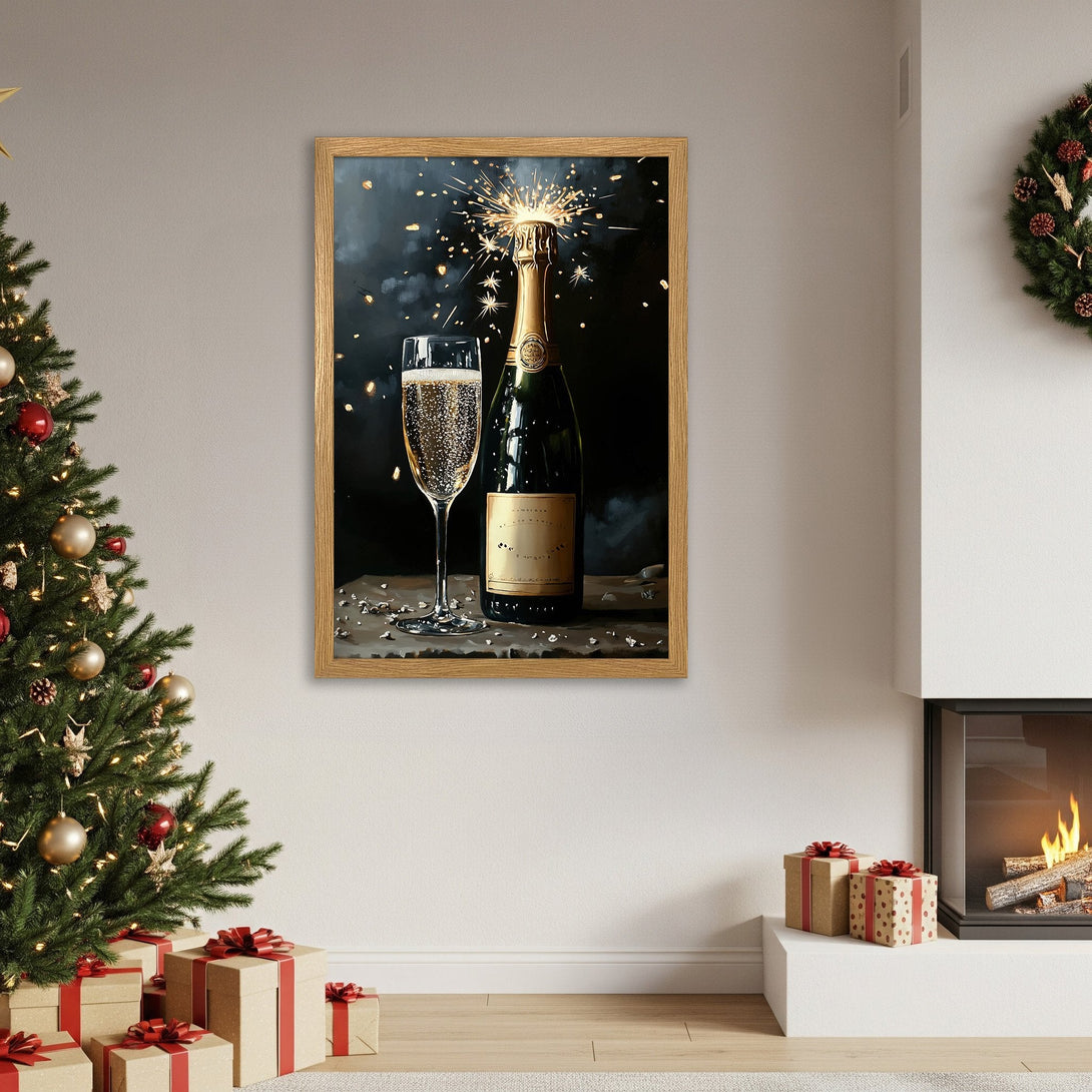 Framed Poster featuring champagne bottle & glass with sparkler, dark & gold tones, perfect for holiday decor.