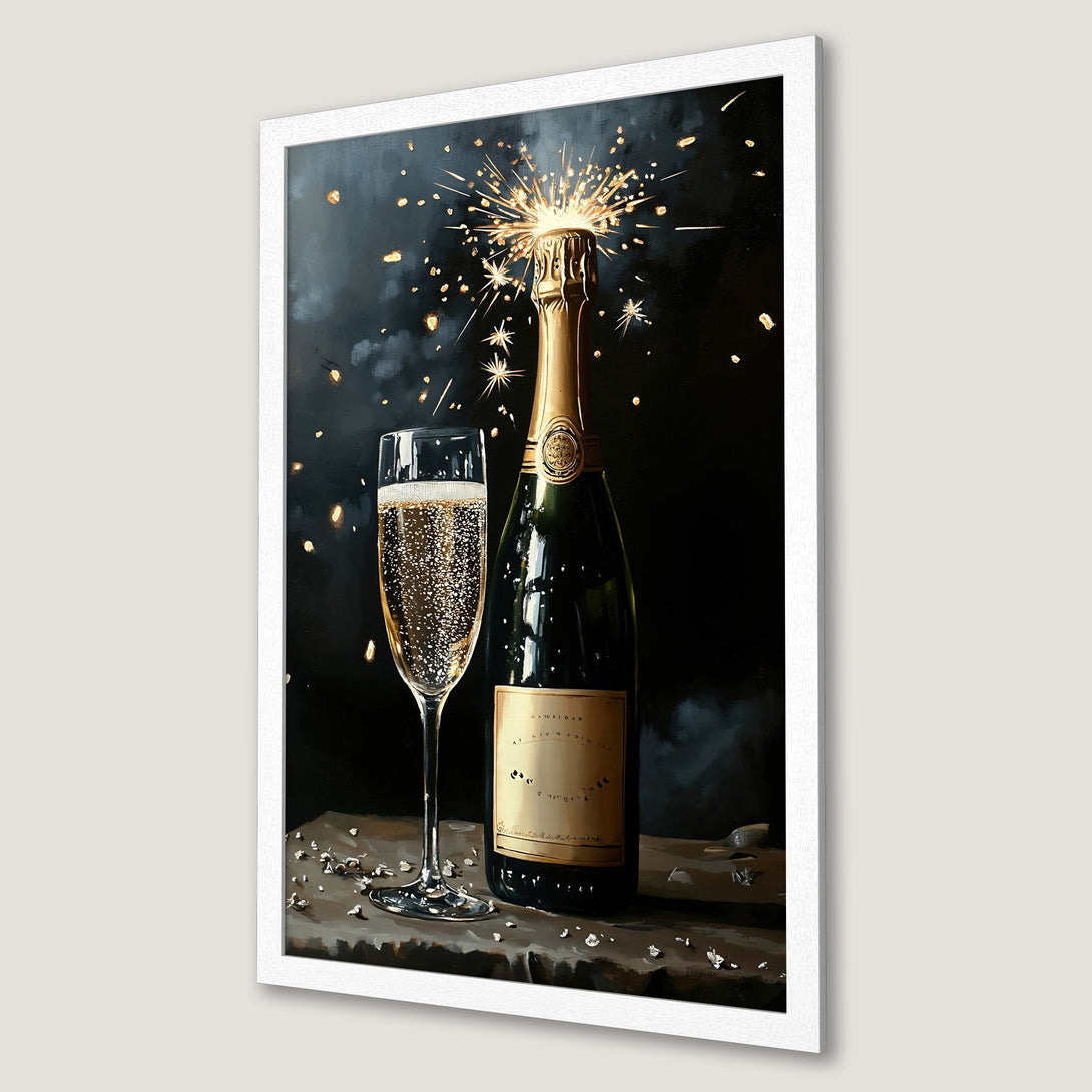 Framed Poster featuring champagne bottle & glass with sparklers, dark & gold tones, perfect for celebrations. Elegant art print.
