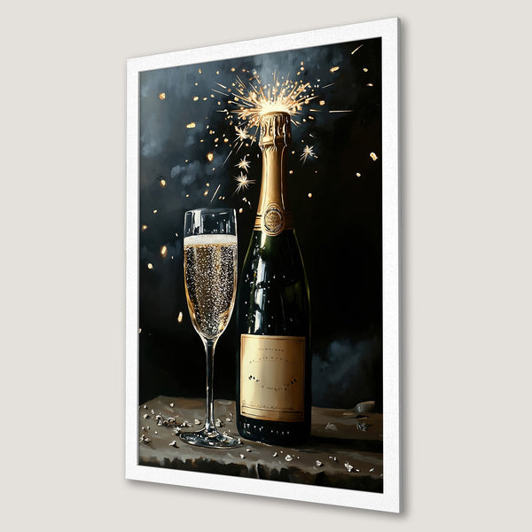 Framed Poster featuring champagne bottle & glass with sparklers, dark & gold tones, perfect for celebrations. Elegant art print.