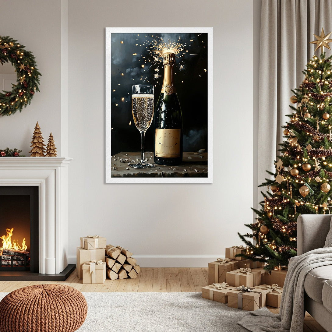 Framed Poster of champagne bottle & glass with sparkler. Festive style, dark & gold tones, perfect for holiday decor.