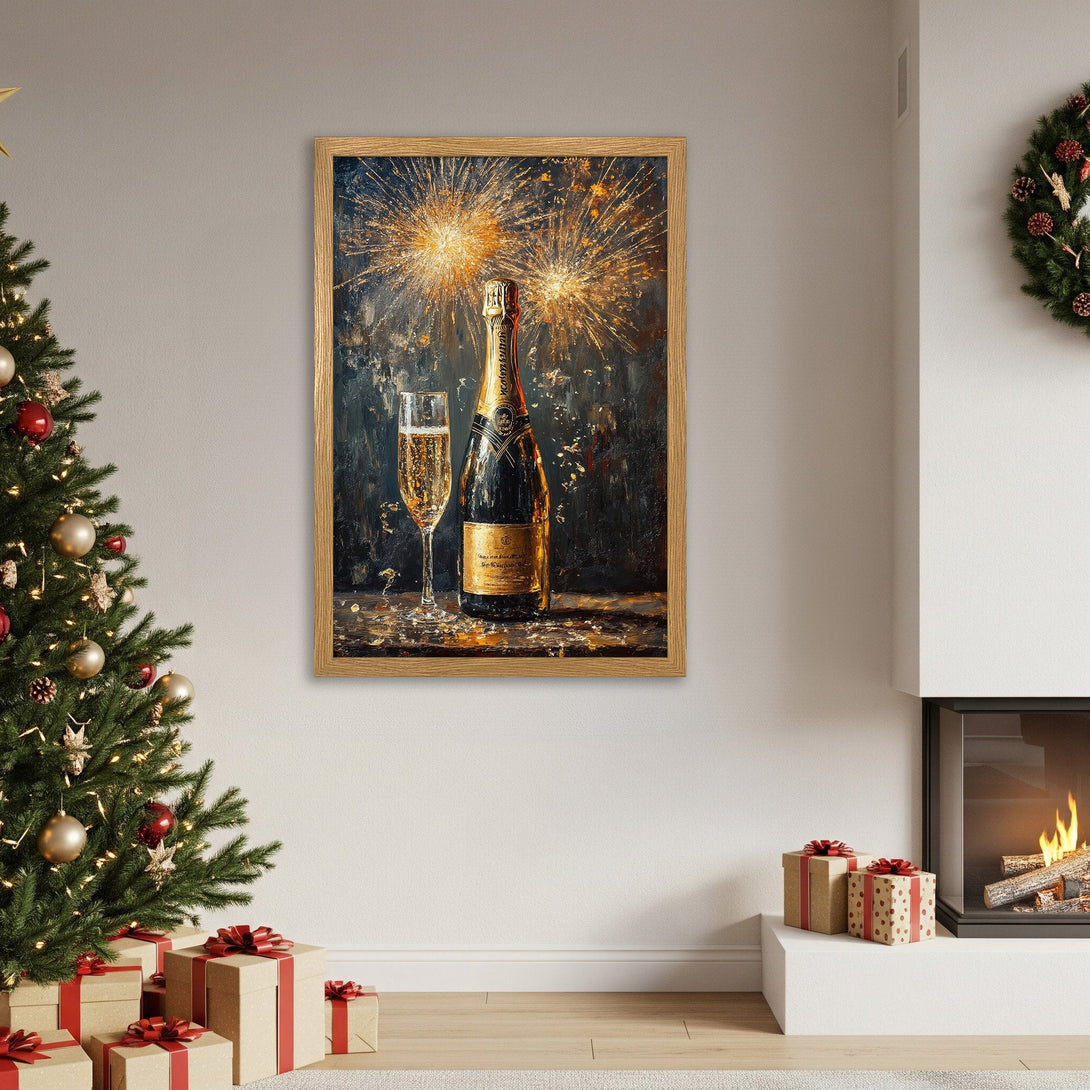 Framed Poster featuring champagne bottle and glass, dark, painterly style with gold and blue tones, perfect for holiday decor.
