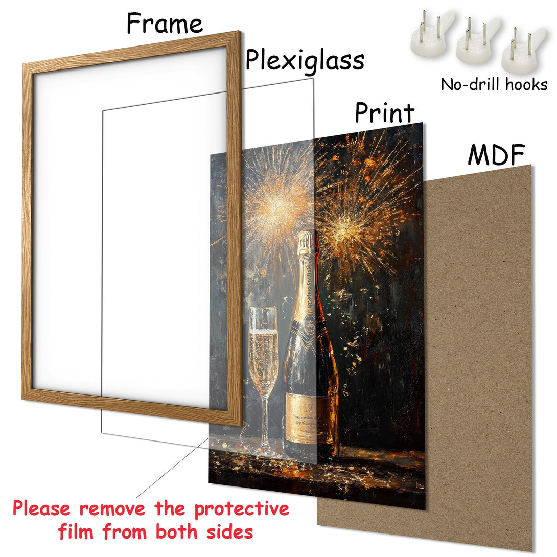 Framed Poster featuring a champagne bottle and fireworks, with a dark, warm color palette. Perfect for adding elegance to your space!