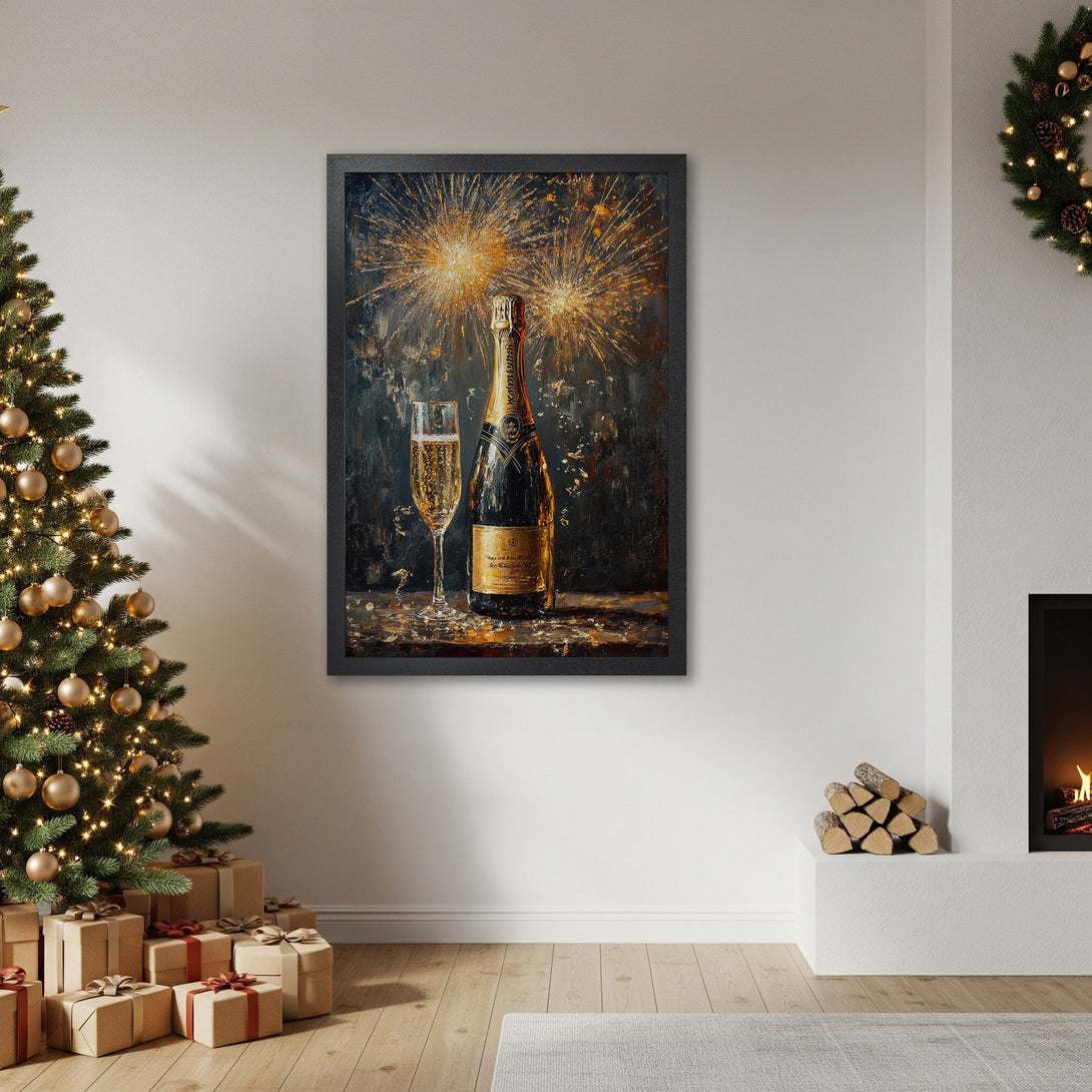 Framed Poster featuring champagne bottle and fireworks, dark and gold palette, perfect for holiday decor.