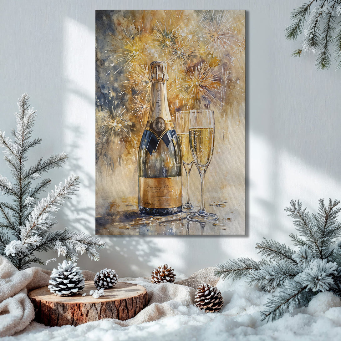 Framed Wall Art: Watercolor champagne print with gold and neutral tones. Festive decor with Christmas tree and gifts. Elevate your home!