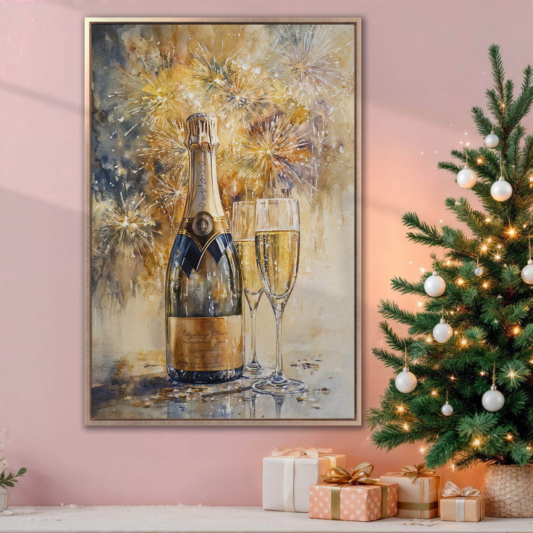 Framed Wall Art: Watercolor champagne bottle with fireworks, warm gold and blue tones, perfect for festive decor. Elevate your space with this elegant print!