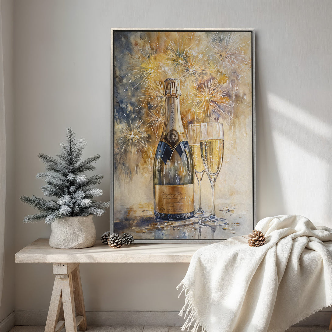 Framed Wall Art: Watercolor champagne bottle and glasses with fireworks, warm gold and blue tones. Perfect for festive home decor.