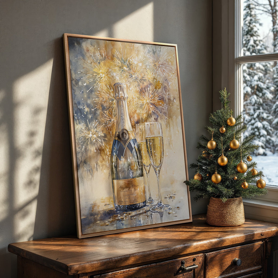 Framed Wall Art of champagne bottle and glasses, watercolor style, gold and blue color palette, perfect for festive decor.