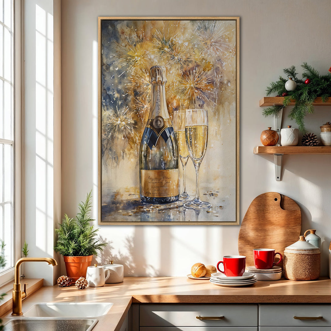 Framed Wall Art: Watercolor champagne bottle and glasses with fireworks. Warm, inviting color palette perfect for kitchen or dining decor. Elevate your space!