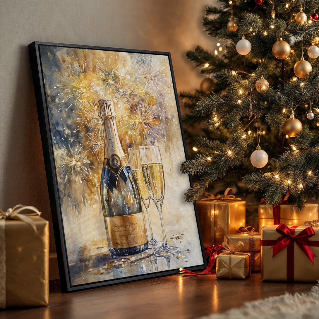 Framed Wall Art: Watercolor champagne bottle & glasses with fireworks, warm gold & blue palette, perfect for festive home decor.