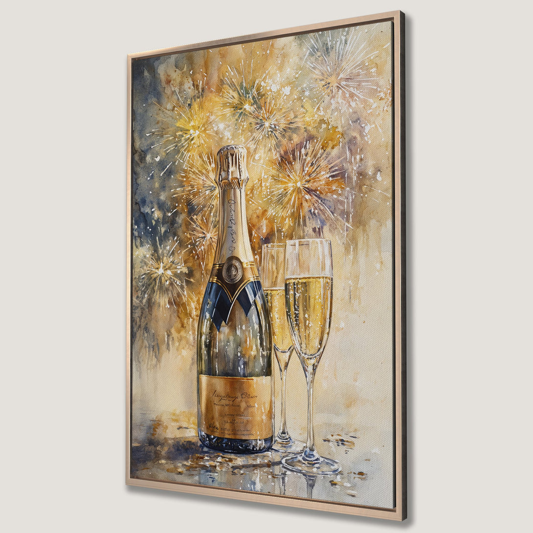 Framed Wall Art: Watercolor champagne bottle and flutes with fireworks. Warm gold, yellow, and blue tones. Perfect for a celebratory touch to any space.
