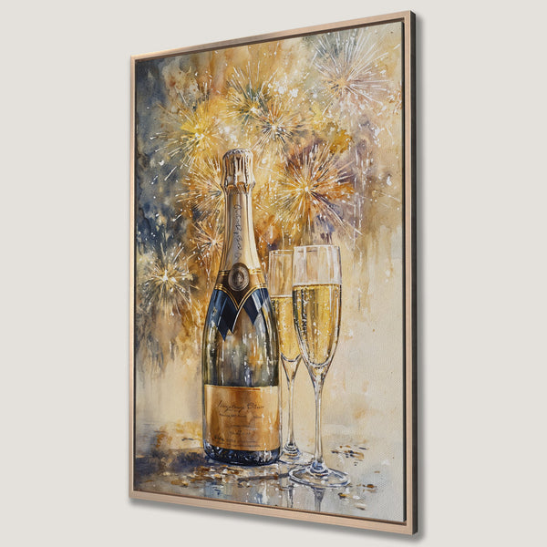 Framed Wall Art: Watercolor champagne bottle and flutes with fireworks. Warm gold, yellow, and blue tones. Perfect for a celebratory touch to any space.