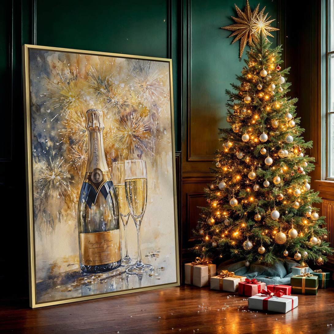 Canvas Print featuring a champagne bottle and glasses watercolor painting with a warm, golden color palette. Perfect for holiday decor!