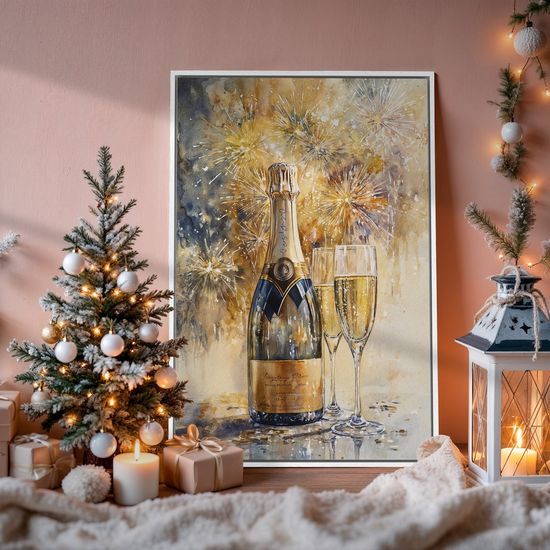 Framed Wall Art: Watercolor champagne bottle and glasses with fireworks, warm gold and blue tones, perfect for holiday decor.