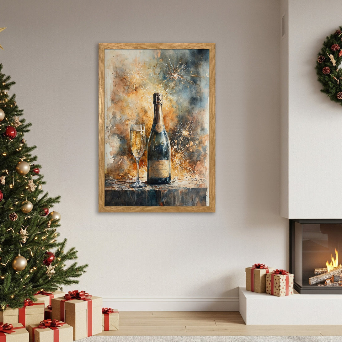 Framed Poster of champagne watercolor art in warm tones. Perfect for holiday decor!