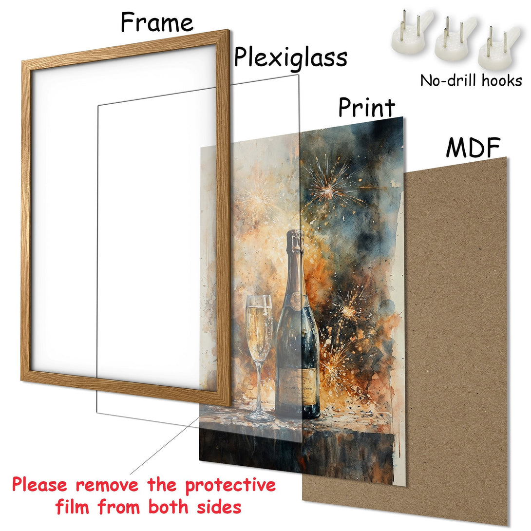 Framed Poster featuring a champagne bottle and fireworks, watercolor style, warm color palette. Perfect for home decor!