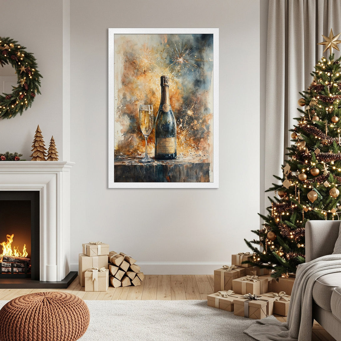 Framed Poster featuring champagne bottle & glass in watercolor style with warm, festive color palette. Perfect holiday decor!
