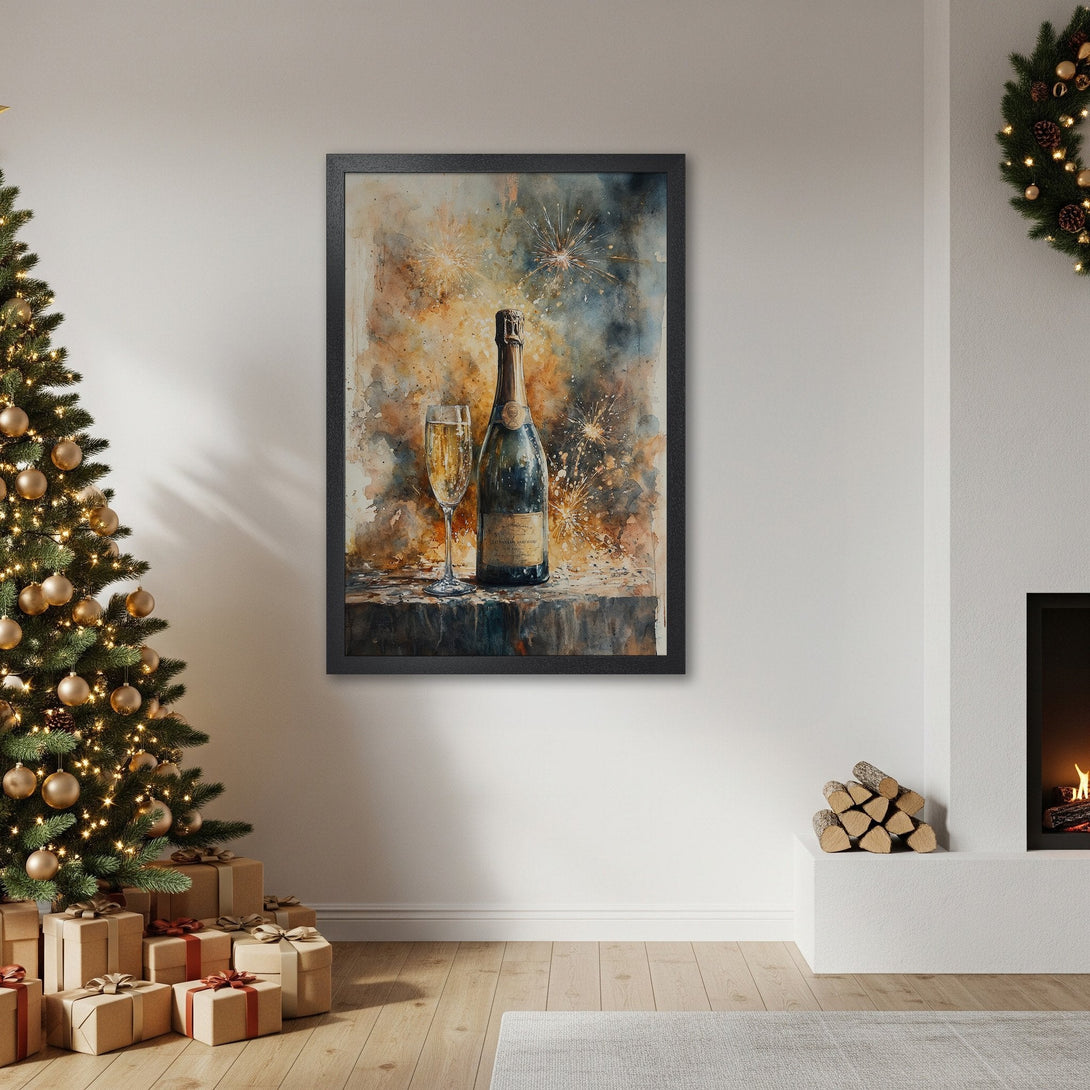 Framed Poster featuring a champagne bottle and glass, watercolor style, warm gold and brown tones, perfect for holiday decor.