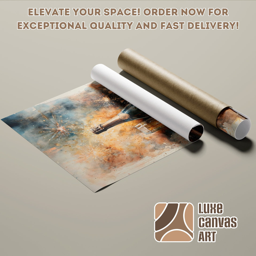 Champagne bottle poster roll, watercolor style, warm color palette. Elevate your decor with this stunning art poster.