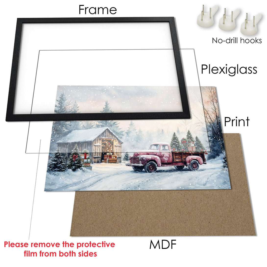 Framed Poster featuring a winter scene with a red truck. Watercolor style, soft blue and red color palette. Perfect holiday decor!