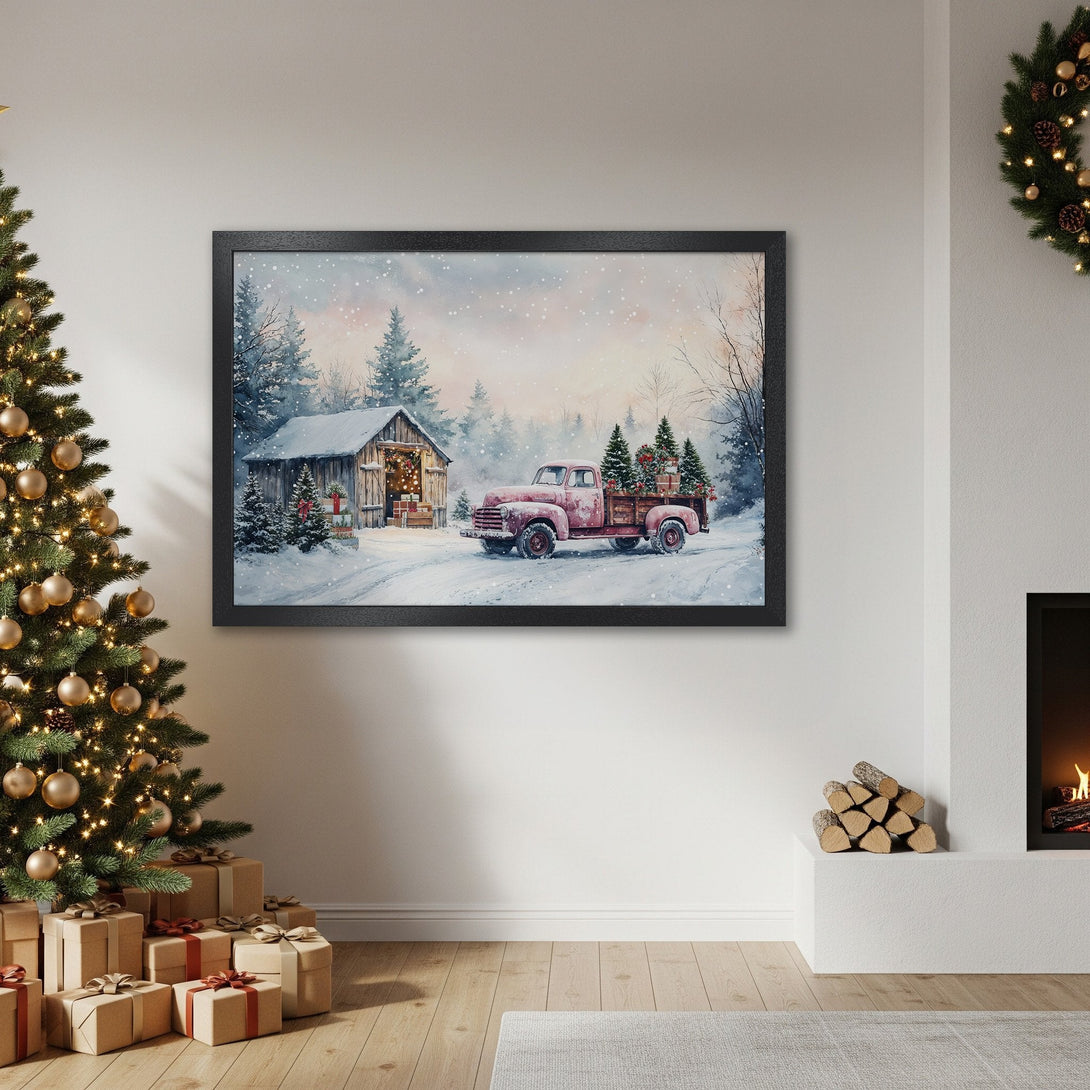 Framed Poster featuring a watercolor winter scene with a red truck, snowy landscape, and a soft, muted color palette. Perfect for holiday decor!