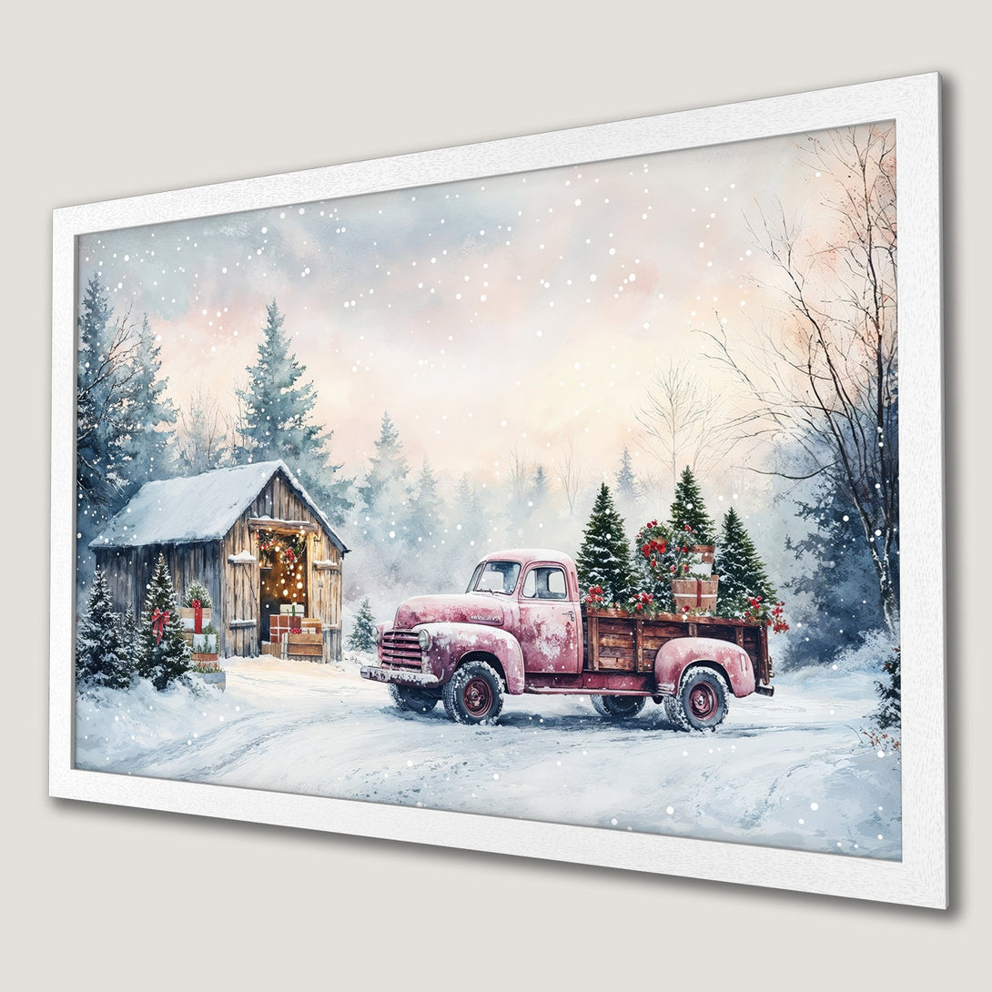 Framed Poster of a vintage red truck in a snowy winter scene. Watercolor style, soft blue, pink & white color palette. Perfect holiday decor!