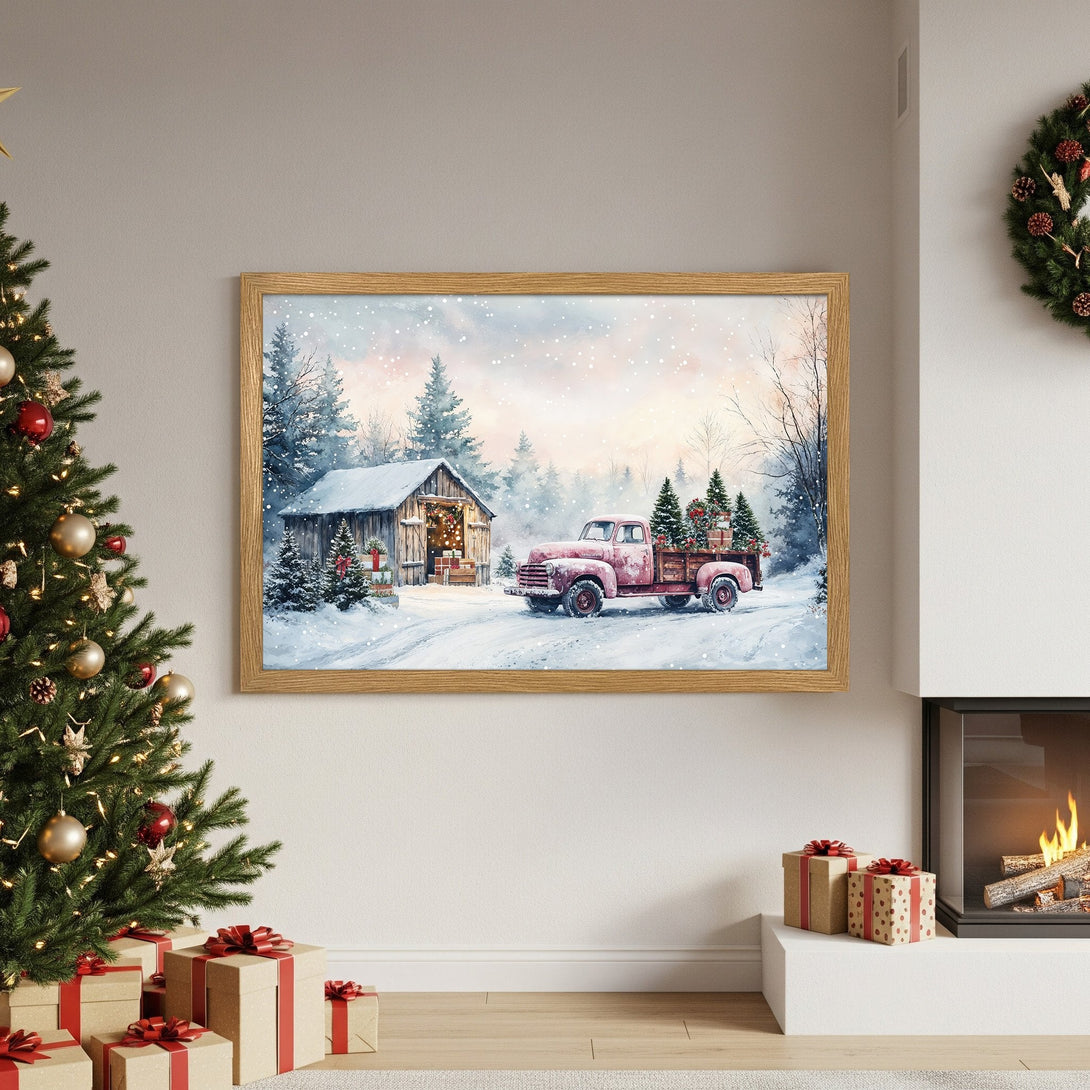 Framed Poster featuring a winter scene with a red truck, watercolor style, and a soft, warm color palette. Perfect holiday decor!