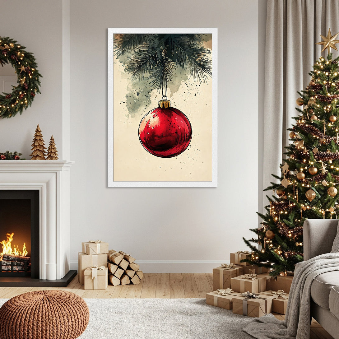 Framed Poster featuring a watercolor Christmas ornament. Festive, warm color palette with red, green, and beige. Perfect holiday decor!