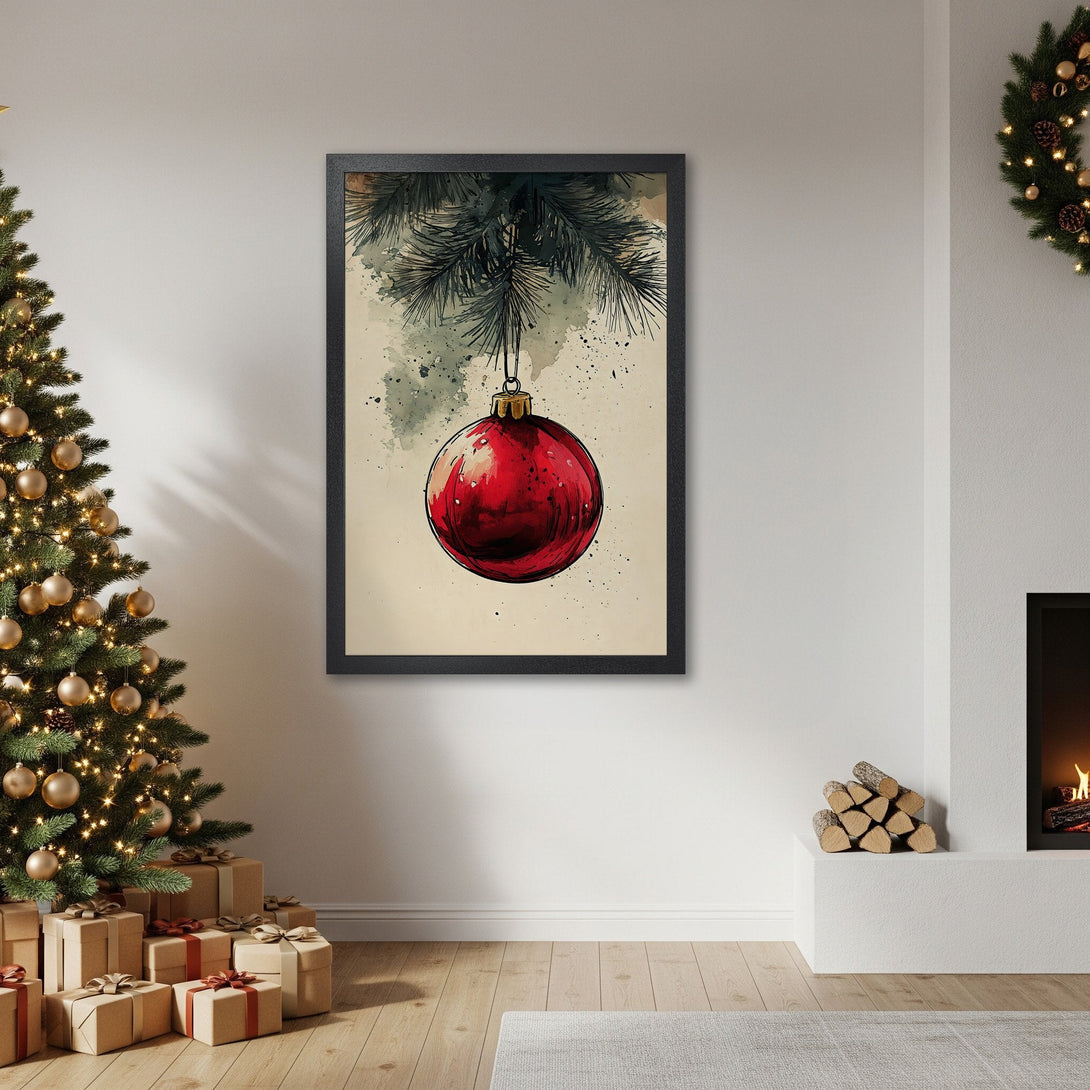 Framed Poster featuring a watercolor style Christmas ornament in red, green and neutral tones. Perfect holiday decor!