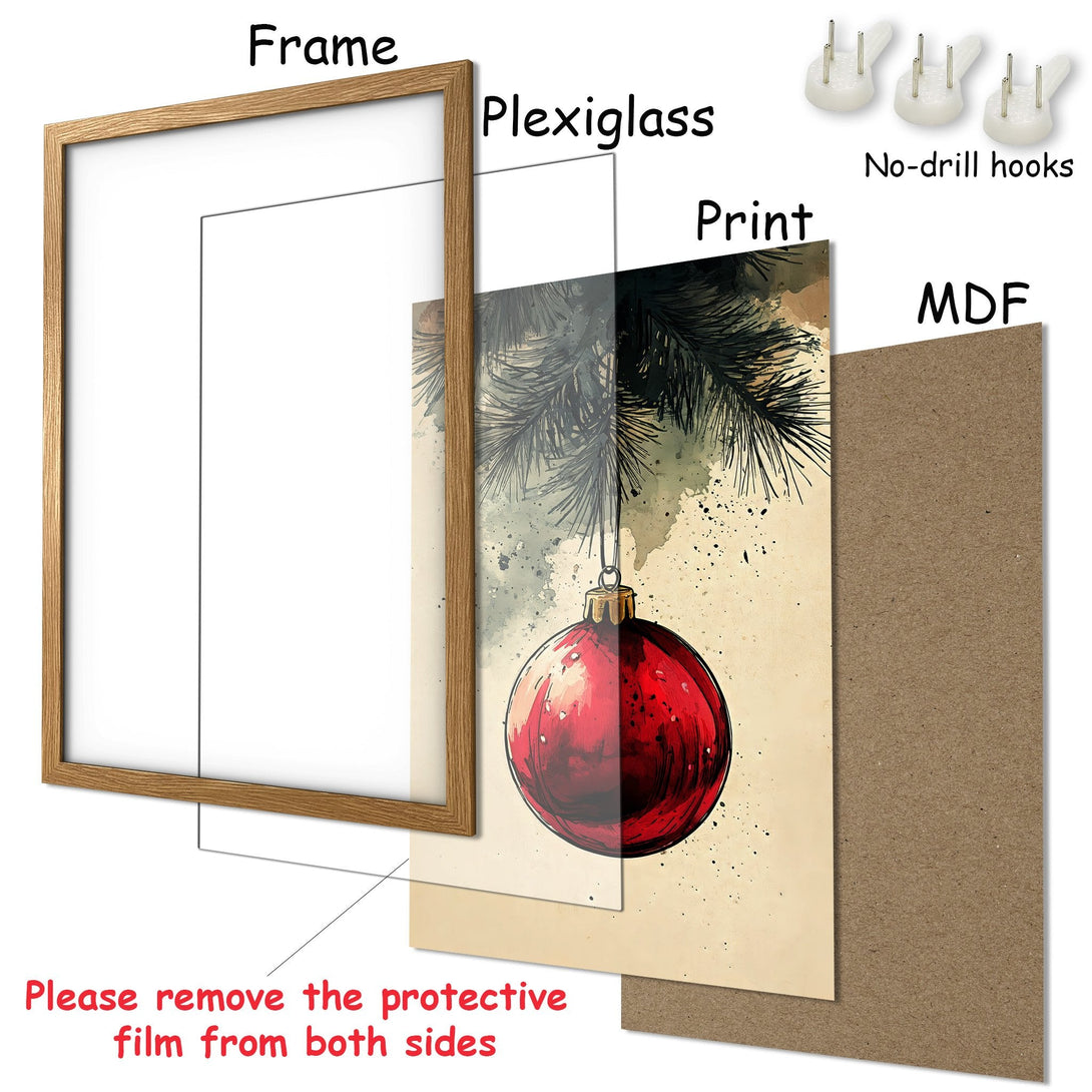 Framed Poster featuring a Christmas ornament illustration in watercolor style with a warm, neutral color palette. Perfect holiday decor!