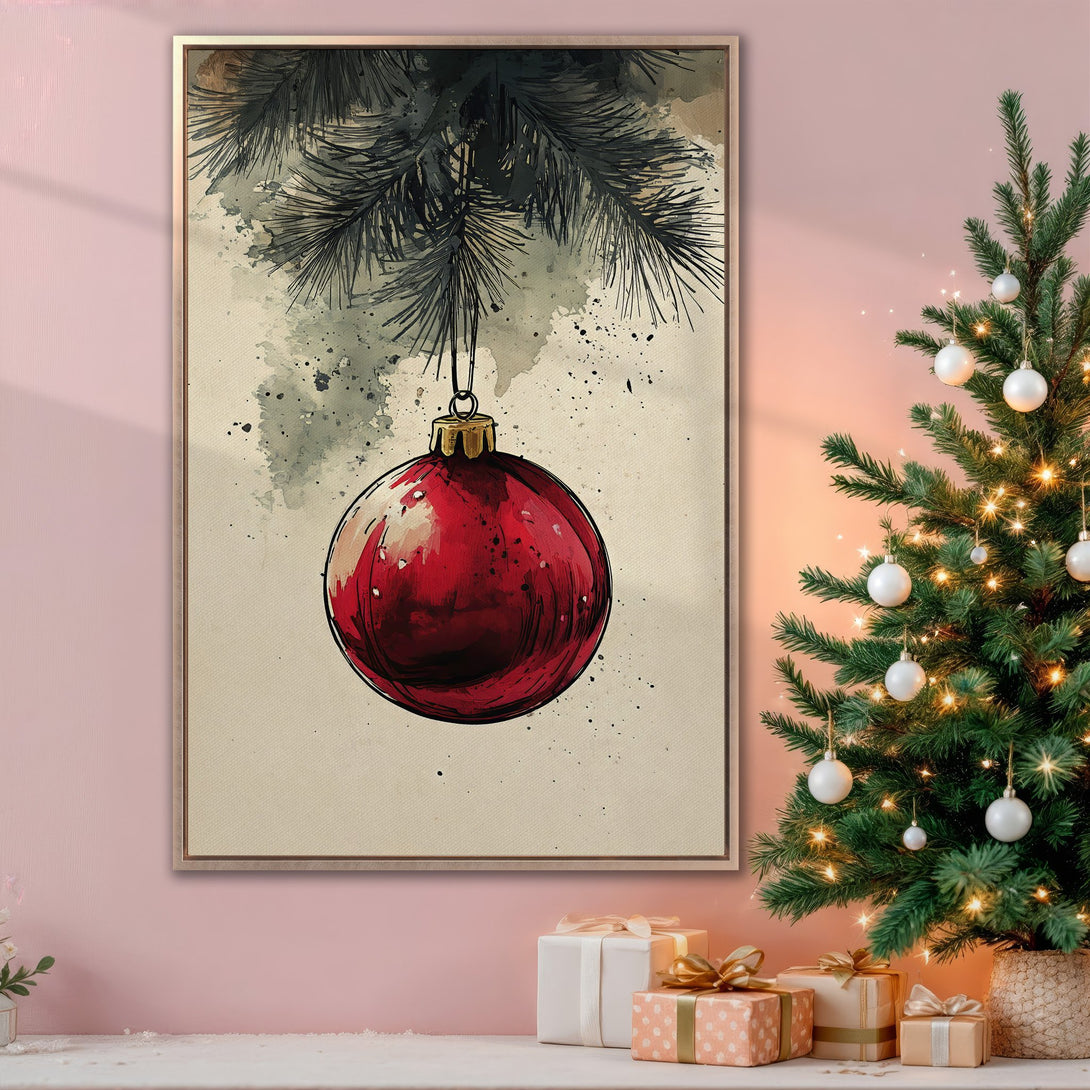 Framed Wall Art: Watercolor Christmas ornament print in red, black, and beige. Perfect holiday decor for a cozy, festive home.