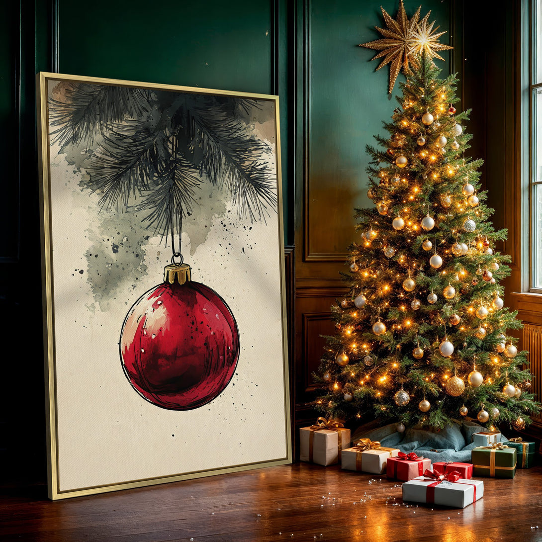 Canvas Print of a watercolor Christmas ornament in red, black, and beige. Perfect holiday wall art to brighten your home.