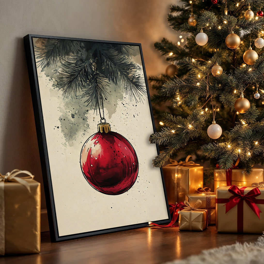 Framed Wall Art: Watercolor Christmas ornament art print in red, black, and gold. Perfect holiday decor for your home. Shop now!
